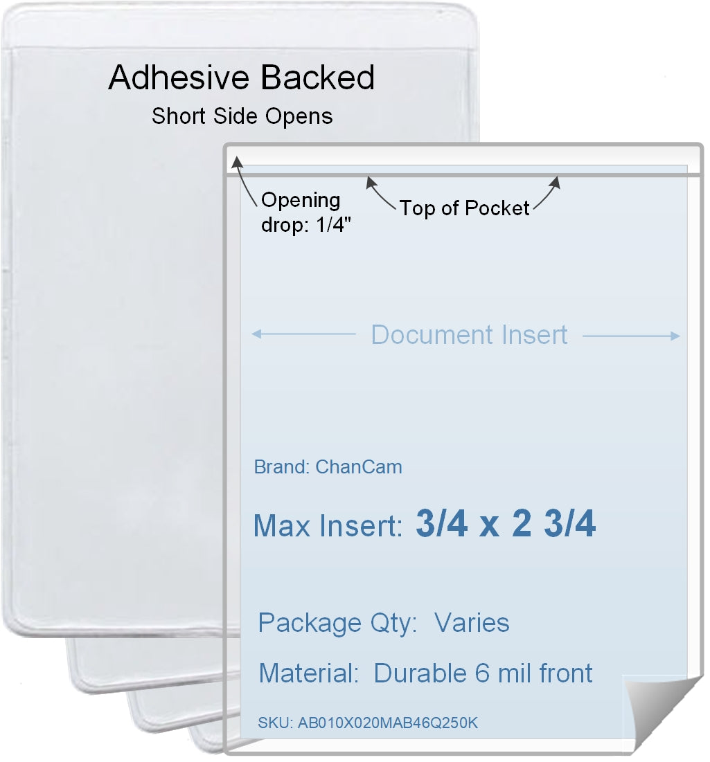 ChanCam vinyl sleeve, open short side, adhesive back, insert size: 3/4 x 2 3/4, product size: 1 x 3, package quantity 100, 4 mil adhesive back / 6 mil clear vinyl front