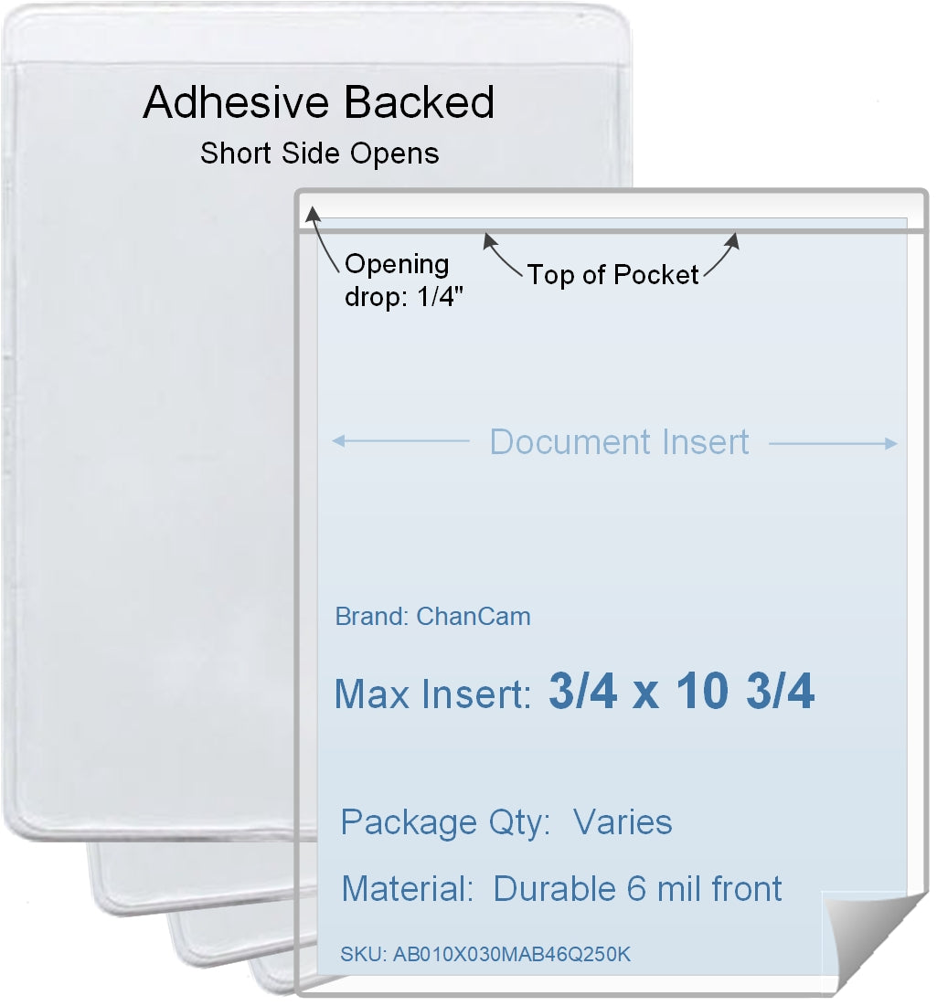 ChanCam vinyl sleeve, open short side, adhesive back, insert size: 3/4 x 10 3/4, product size: 1 x 11, package quantity 100, 4 mil adhesive back / 6 mil clear vinyl front