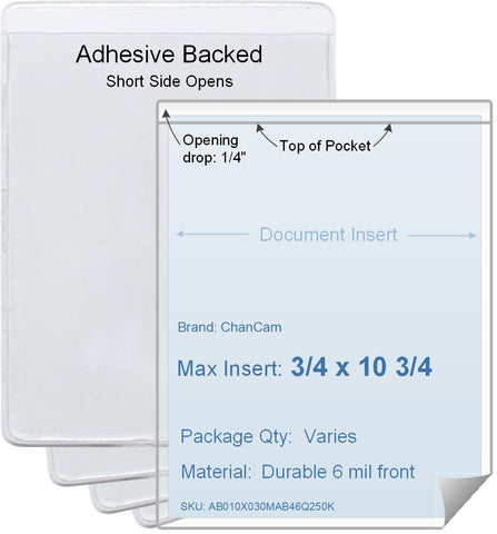 ChanCam vinyl sleeve, open short side, adhesive back, insert size: 3/4 x 10 3/4, product size: 1 x 11, package quantity 100, 4 mil adhesive back / 6 mil clear vinyl front