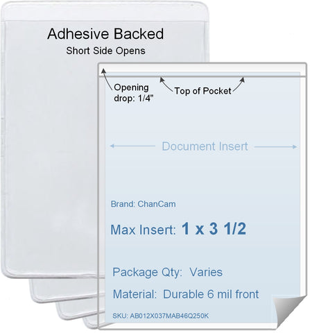 ChanCam vinyl sleeve, open short side, adhesive back, insert size: 1 x 3 1/2, product size: 1 1/4 x 3 3/4, package quantity 100, 4 mil adhesive back / 6 mil clear vinyl front