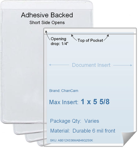 ChanCam vinyl sleeve, open short side, adhesive back, insert size: 1 x 5 5/8, product size: 1 1/4 x 5 7/8, package quantity 100, 4 mil adhesive back / 6 mil clear vinyl front