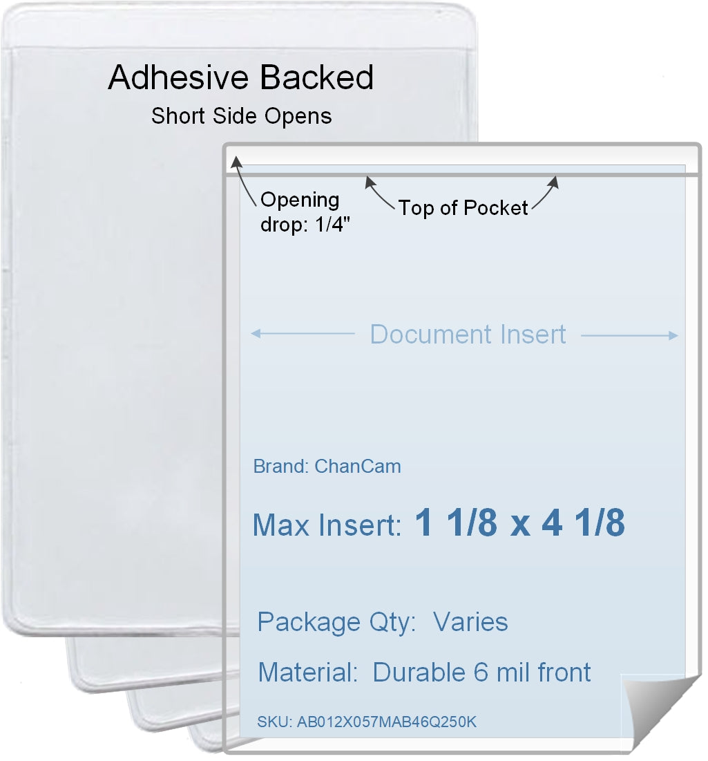 ChanCam vinyl sleeve, open short side, adhesive back, insert size: 1 1/8 x 4 1/8, product size: 1 3/8 x 4 3/8, package quantity 100, 4 mil adhesive back / 6 mil clear vinyl front