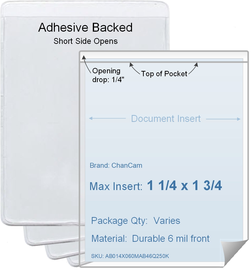 ChanCam vinyl sleeve, open short side, adhesive back, insert size: 1 1/4 x 1 3/4, product size: 1 1/2 x 2, package quantity 100, 4 mil adhesive back / 6 mil clear vinyl front