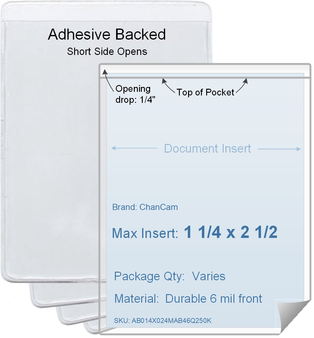 ChanCam vinyl sleeve, open short side, adhesive back, insert size: 1 1/4 x 2 1/2, product size: 1 1/2 x 2 3/4, package quantity 100, 4 mil adhesive back / 6 mil clear vinyl front