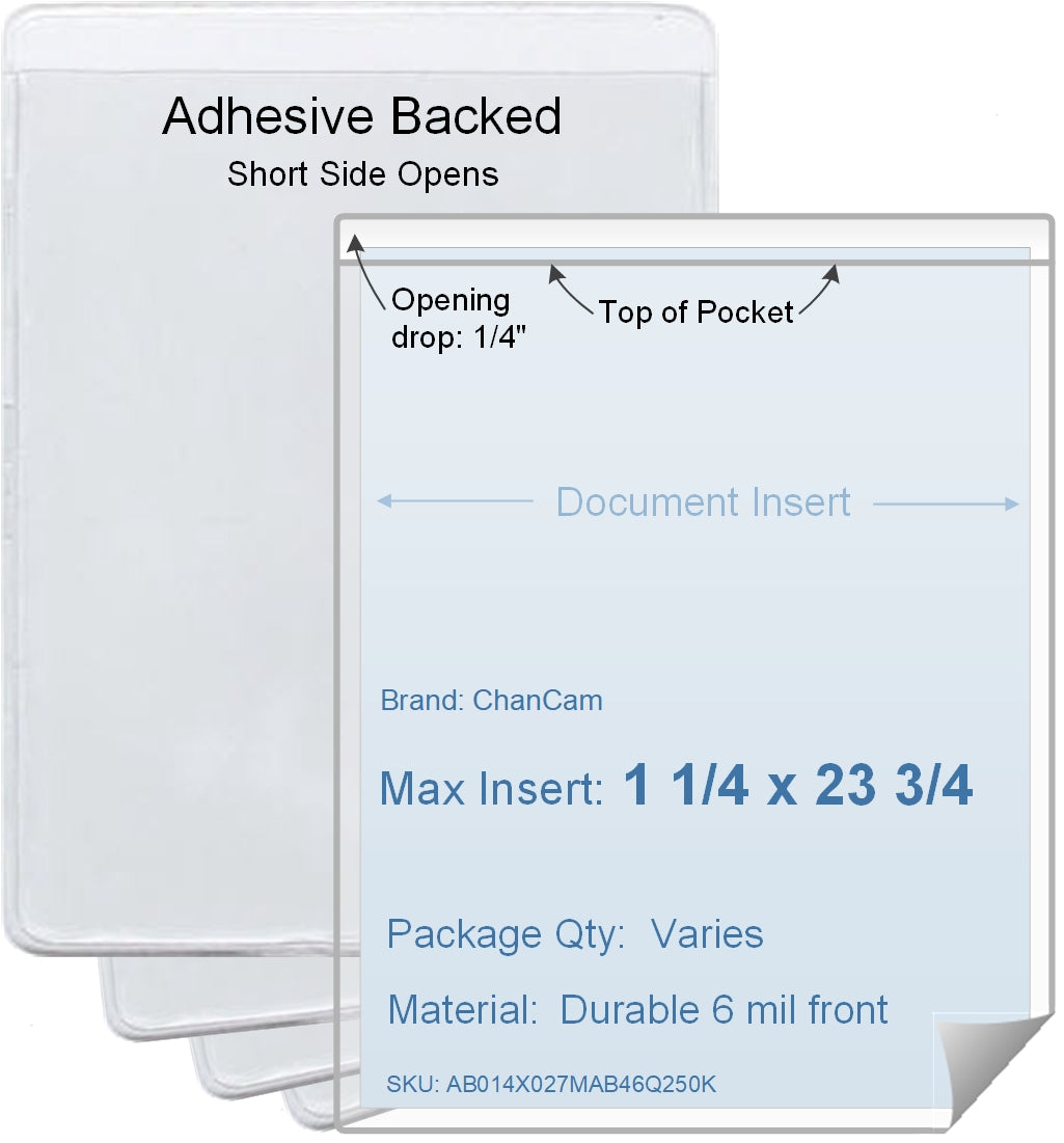 ChanCam vinyl sleeve, open short side, adhesive back, insert size: 1 1/4 x 23 3/4, product size: 1 1/2 x 24, package quantity 100, 4 mil adhesive back / 6 mil clear vinyl front