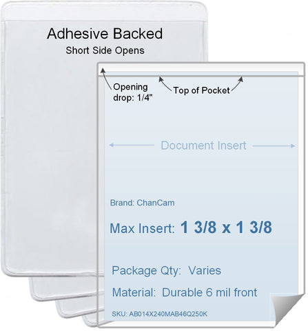 ChanCam vinyl sleeve, open short side, adhesive back, insert size: 1 3/8 x 1 3/8, product size: 1 5/8 x 1 5/8, package quantity 100, 4 mil adhesive back / 6 mil clear vinyl front