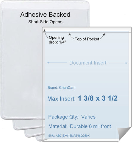 ChanCam vinyl sleeve, open short side, adhesive back, insert size: 1 3/8 x 3 1/2, product size: 1 5/8 x 3 3/4, package quantity 100, 4 mil adhesive back / 6 mil clear vinyl front