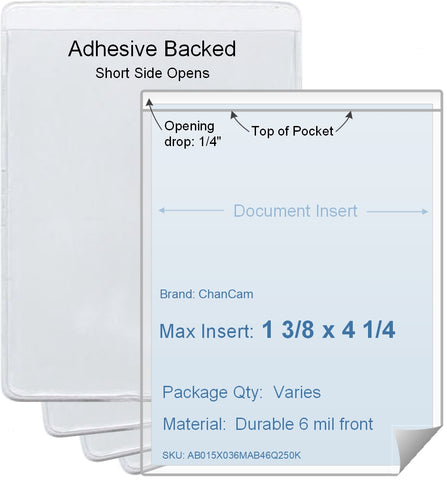 ChanCam vinyl sleeve, open short side, adhesive back, insert size: 1 3/8 x 4 1/4, product size: 1 5/8 x 4 1/2, package quantity 100, 4 mil adhesive back / 6 mil clear vinyl front