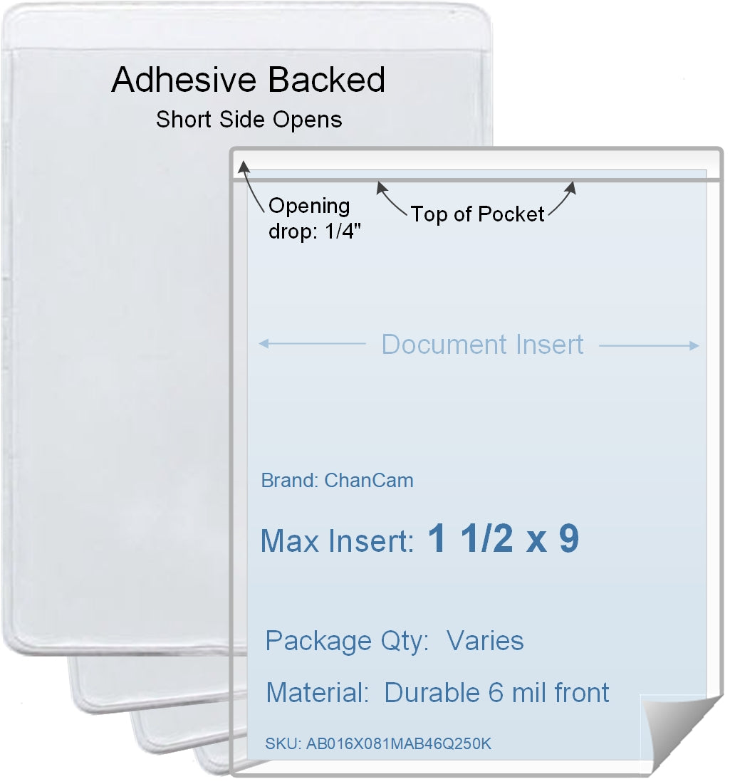 ChanCam vinyl sleeve, open short side, adhesive back, insert size: 1 1/2 x 9, product size: 1 3/4 x 9 1/4, package quantity 100, 4 mil adhesive back / 6 mil clear vinyl front