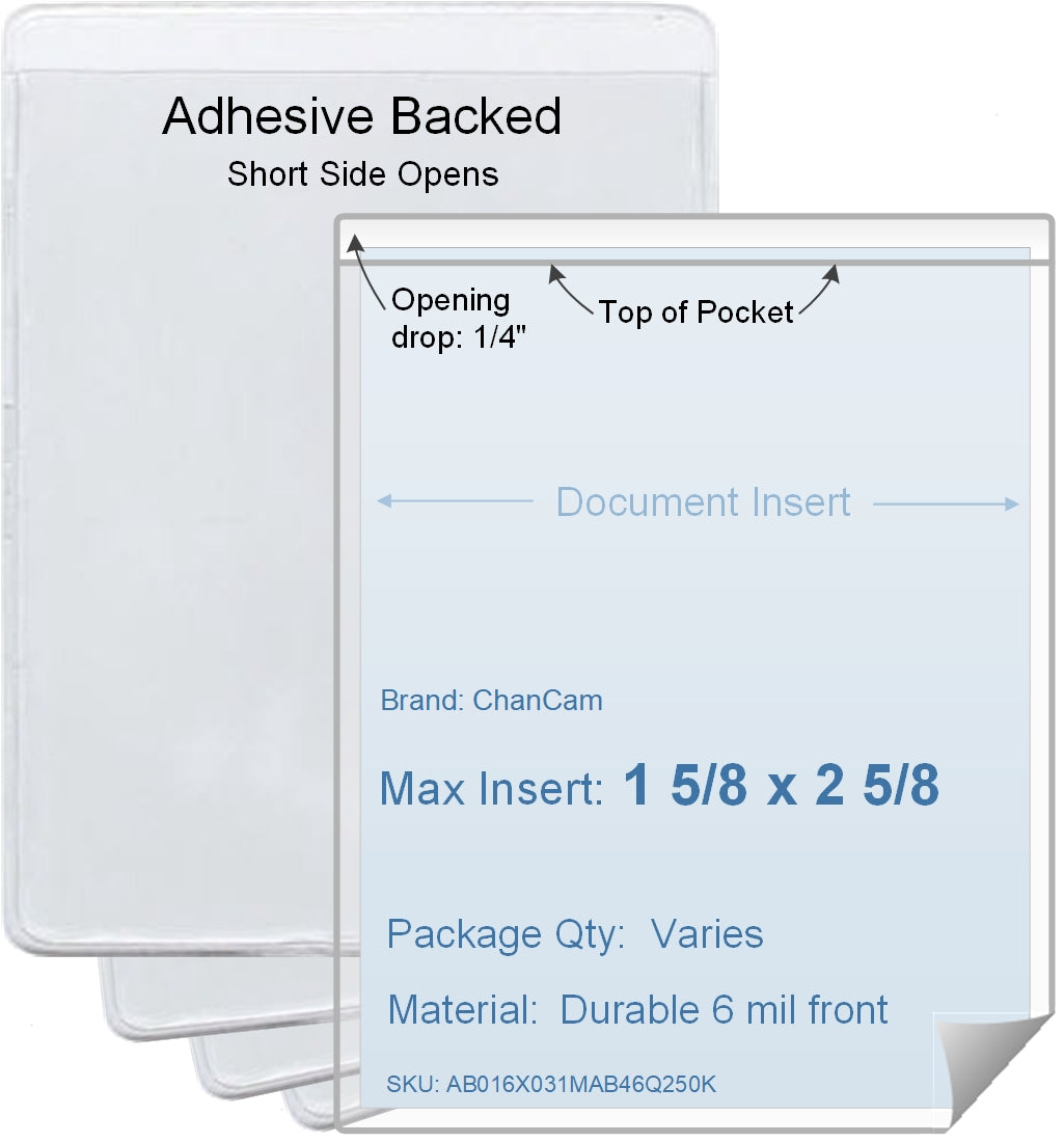 ChanCam vinyl sleeve, open short side, adhesive back, insert size: 1 5/8 x 2 5/8, product size: 1 7/8 x 2 7/8, package quantity 100, 4 mil adhesive back / 6 mil clear vinyl front