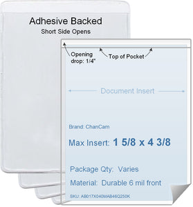 ChanCam vinyl sleeve, open short side, adhesive back, insert size: 1 5/8 x 4 3/8, product size: 1 7/8 x 4 5/8, package quantity 100, 4 mil adhesive back / 6 mil clear vinyl front