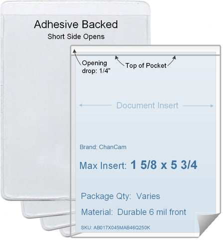 ChanCam vinyl sleeve, open short side, adhesive back, insert size: 1 5/8 x 5 3/4, product size: 1 7/8 x 6, package quantity 100, 4 mil adhesive back / 6 mil clear vinyl front