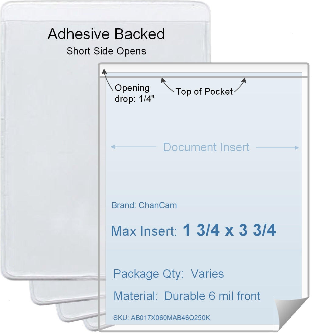 ChanCam vinyl sleeve, open short side, adhesive back, insert size: 1 3/4 x 3 3/4, product size: 2 x 4, package quantity 100, 4 mil adhesive back / 6 mil clear vinyl front