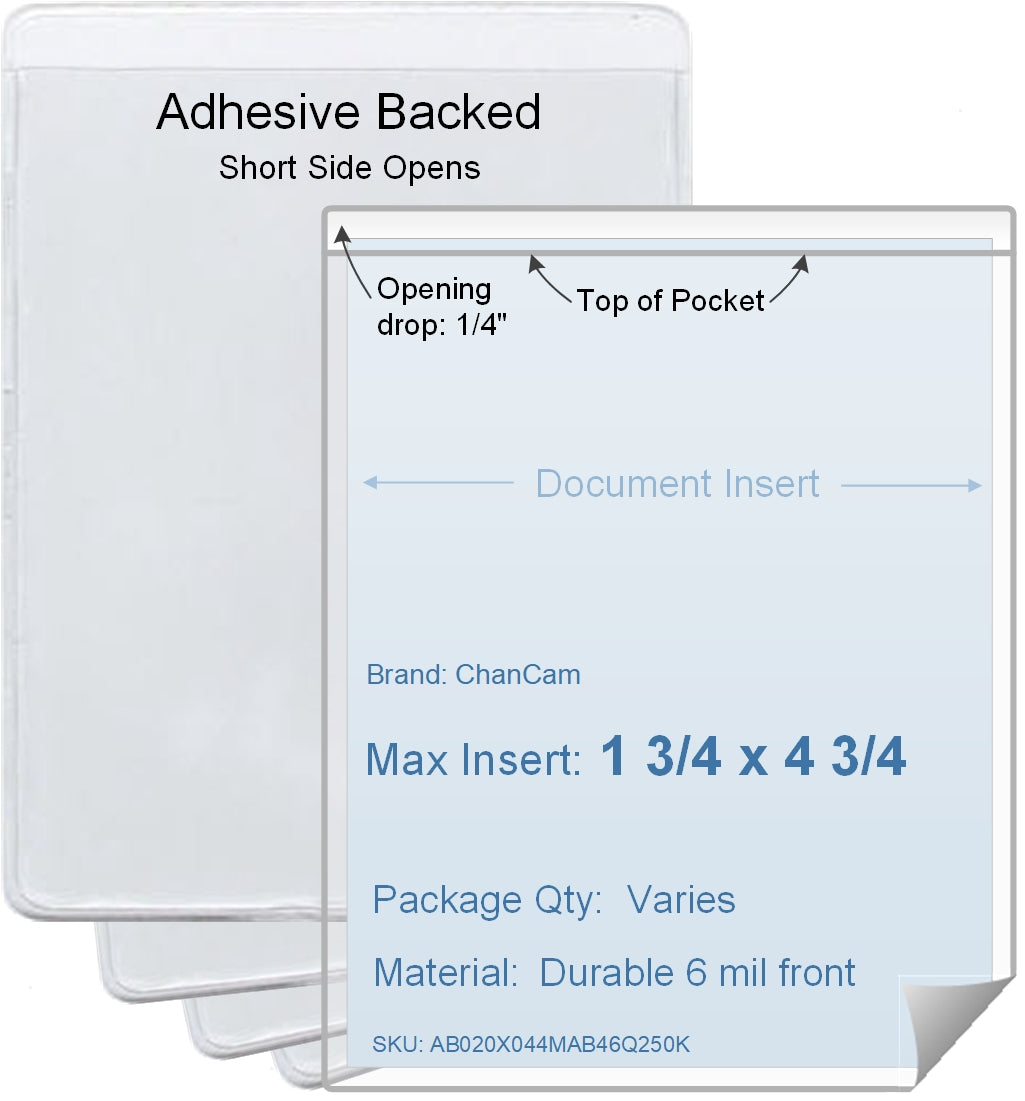 ChanCam vinyl sleeve, open short side, adhesive back, insert size: 1 3/4 x 4 3/4, product size: 2 x 5, package quantity 100, 4 mil adhesive back / 6 mil clear vinyl front