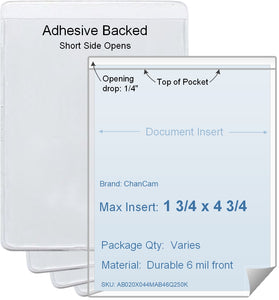 ChanCam vinyl sleeve, open short side, adhesive back, insert size: 1 3/4 x 4 3/4, product size: 2 x 5, package quantity 100, 4 mil adhesive back / 6 mil clear vinyl front