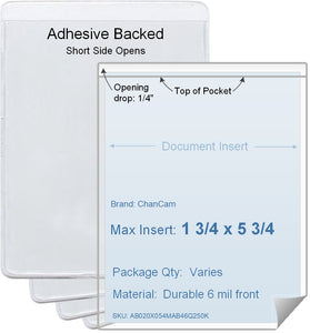 ChanCam vinyl sleeve, open short side, adhesive back, insert size: 1 3/4 x 5 3/4, product size: 2 x 6, package quantity 100, 4 mil adhesive back / 6 mil clear vinyl front