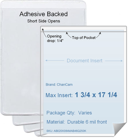 ChanCam vinyl sleeve, open short side, adhesive back, insert size: 1 3/4 x 17 1/4, product size: 2 x 17 1/2, package quantity 100, 4 mil adhesive back / 6 mil clear vinyl front