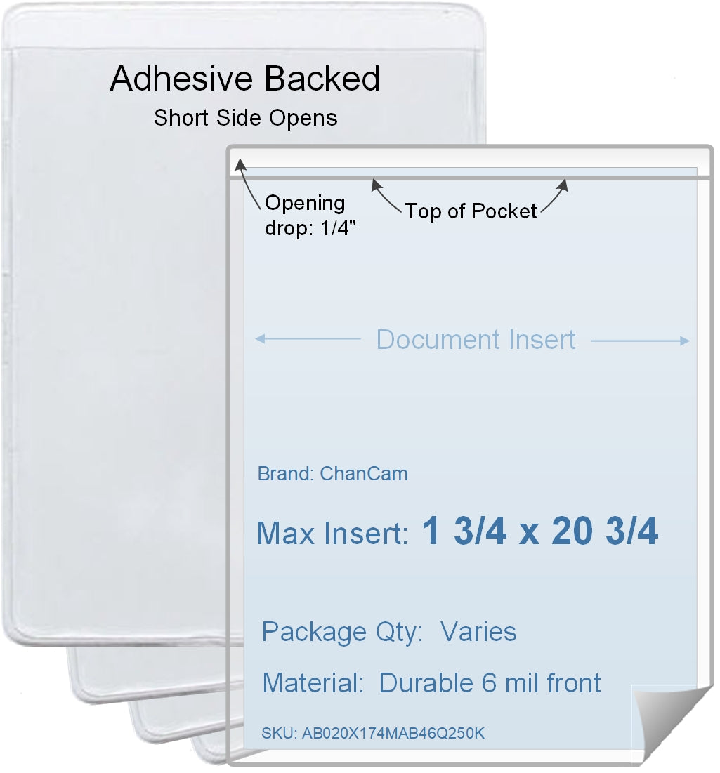 ChanCam vinyl sleeve, open short side, adhesive back, insert size: 1 3/4 x 20 3/4, product size: 2 x 21, package quantity 100, 4 mil adhesive back / 6 mil clear vinyl front