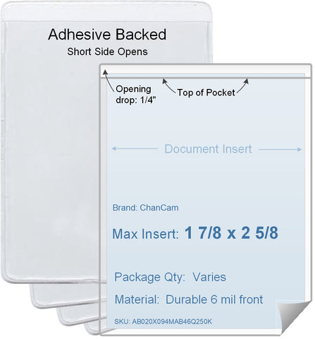 ChanCam vinyl sleeve, open short side, adhesive back, insert size: 1 7/8 x 2 5/8, product size: 2 1/8 x 2 7/8, package quantity 100, 4 mil adhesive back / 6 mil clear vinyl front