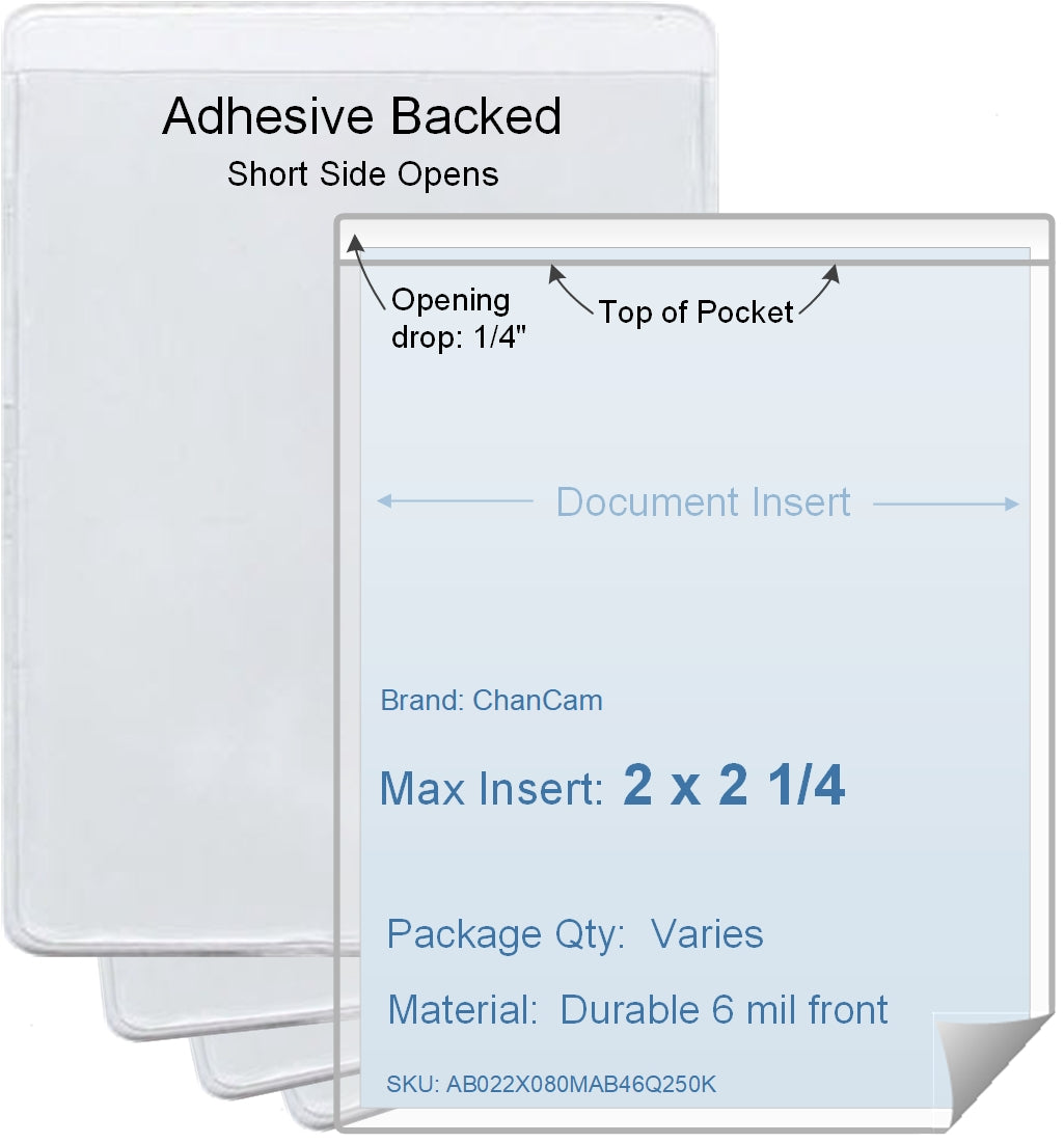 ChanCam vinyl sleeve, open short side, adhesive back, insert size: 2 x 2 1/4, product size: 2 1/4 x 2 1/2, package quantity 100, 4 mil adhesive back / 6 mil clear vinyl front