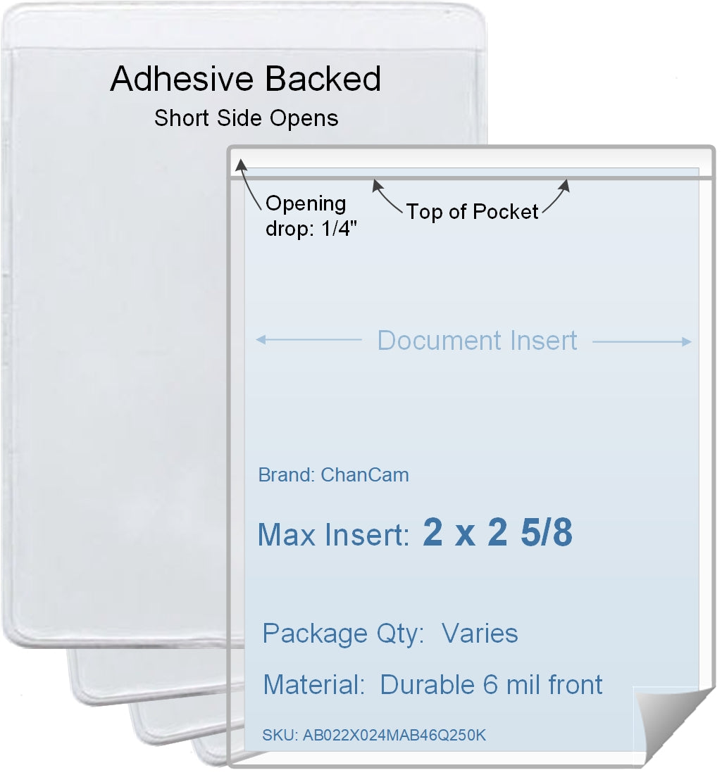 ChanCam vinyl sleeve, open short side, adhesive back, insert size: 2 x 2 5/8, product size: 2 1/4 x 2 7/8, package quantity 100, 4 mil adhesive back / 6 mil clear vinyl front