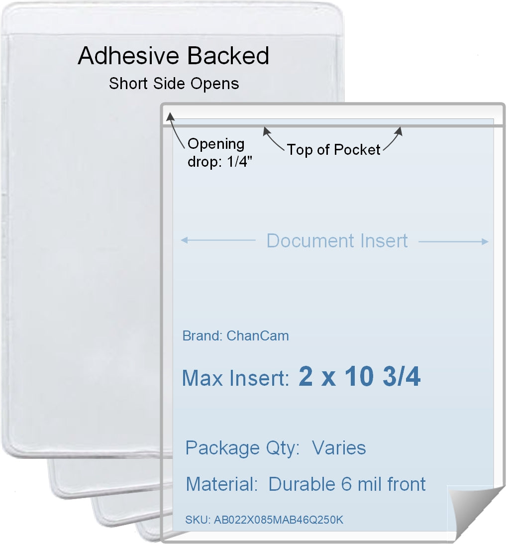 ChanCam vinyl sleeve, open short side, adhesive back, insert size: 2 x 10 3/4, product size: 2 1/4 x 11, package quantity 100, 4 mil adhesive back / 6 mil clear vinyl front