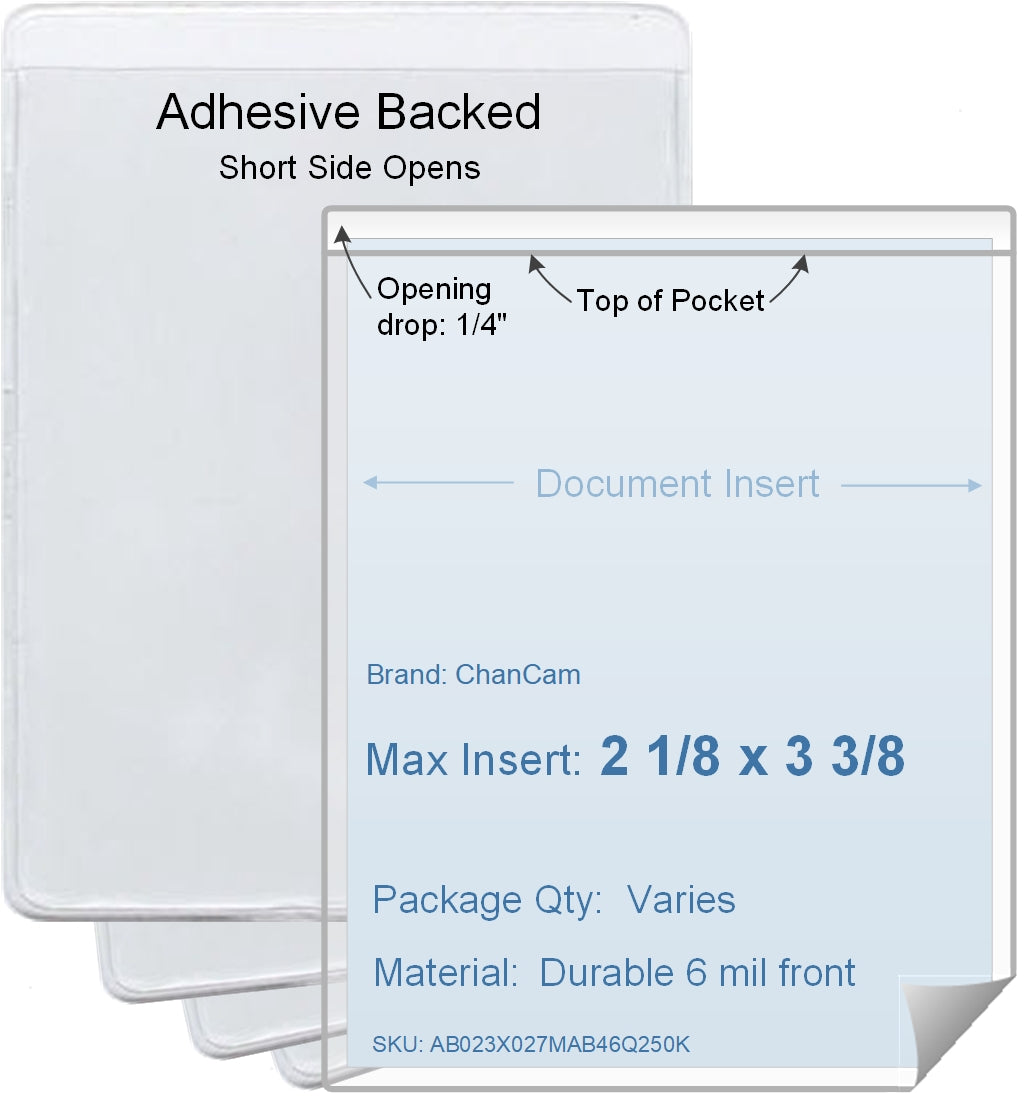 ChanCam vinyl sleeve, open short side, adhesive back, insert size: 2 1/8 x 3 3/8, product size: 2 3/8 x 3 5/8, package quantity 100, 4 mil adhesive back / 6 mil clear vinyl front