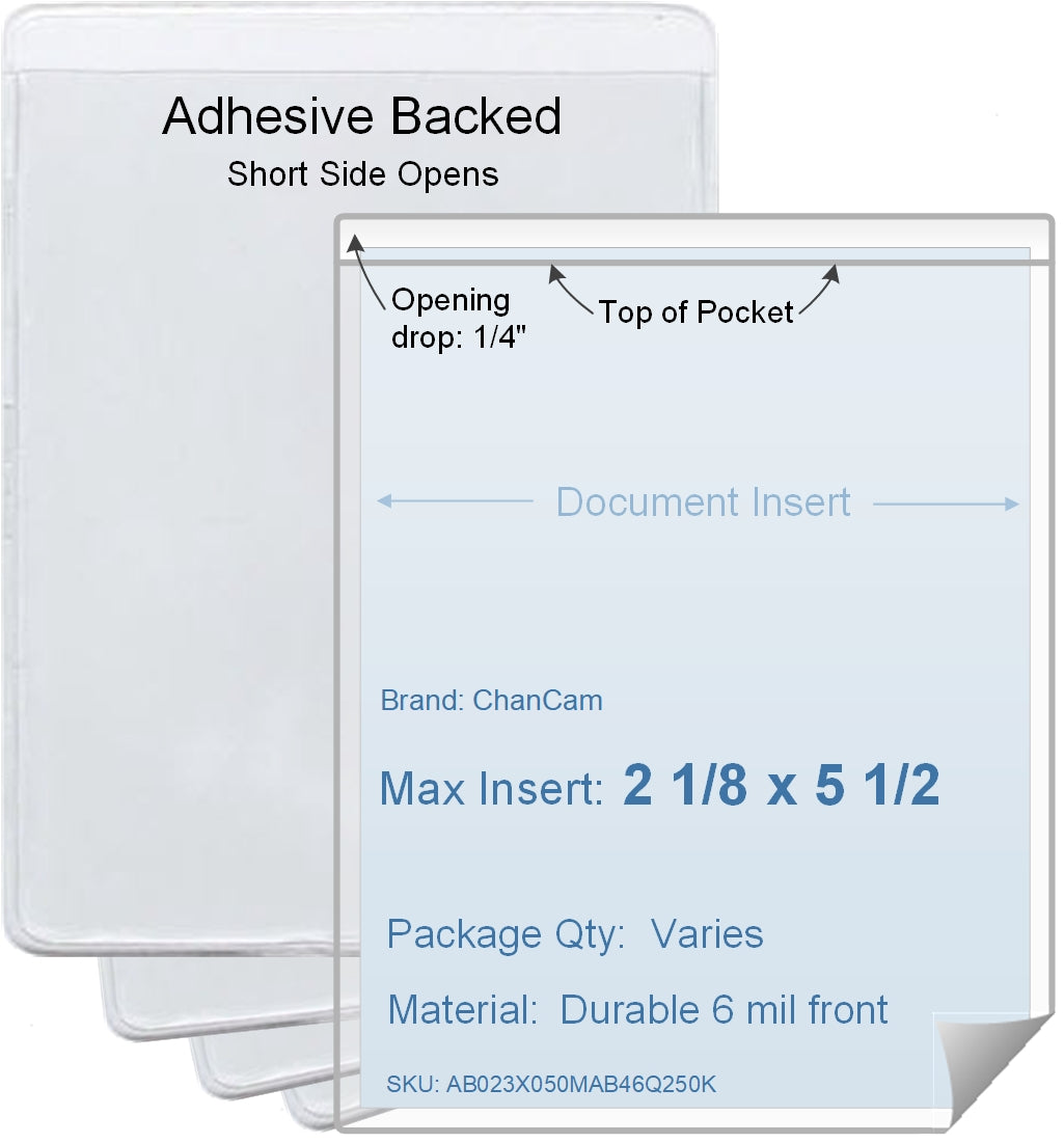 ChanCam vinyl sleeve, open short side, adhesive back, insert size: 2 1/8 x 5 1/2, product size: 2 3/8 x 5 3/4, package quantity 100, 4 mil adhesive back / 6 mil clear vinyl front