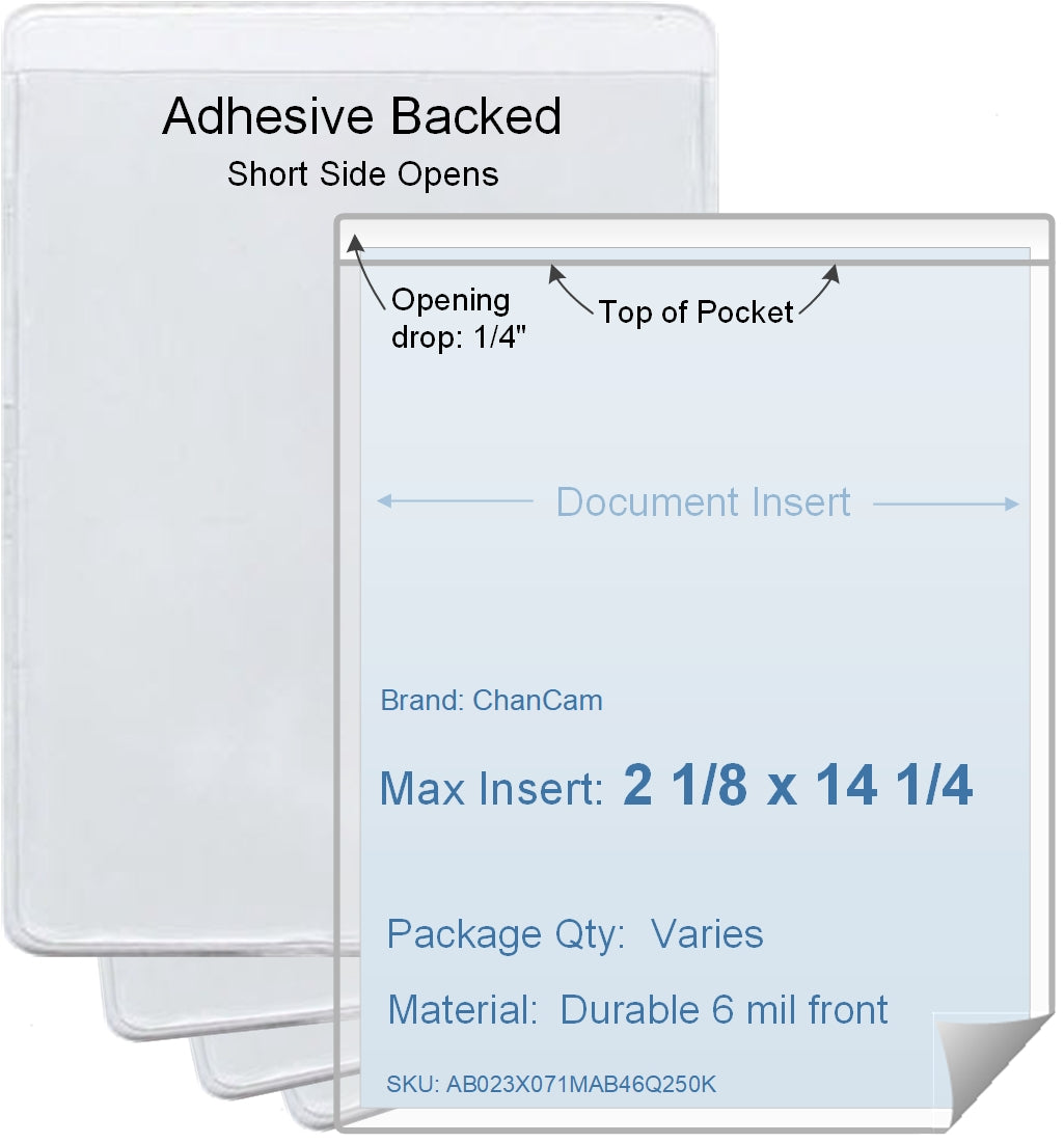 ChanCam vinyl sleeve, open short side, adhesive back, insert size: 2 1/8 x 14 1/4, product size: 2 3/8 x 14 1/2, package quantity 100, 4 mil adhesive back / 6 mil clear vinyl front