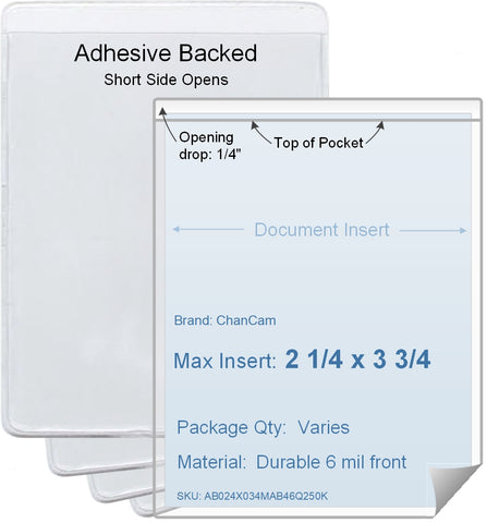 ChanCam vinyl sleeve, open short side, adhesive back, insert size: 2 1/4 x 3 3/4, product size: 2 1/2 x 4, package quantity 100, 4 mil adhesive back / 6 mil clear vinyl front