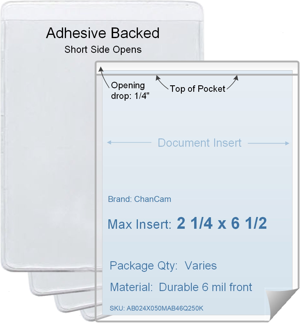 ChanCam vinyl sleeve, open short side, adhesive back, insert size: 2 1/4 x 6 1/2, product size: 2 1/2 x 6 3/4, package quantity 100, 4 mil adhesive back / 6 mil clear vinyl front