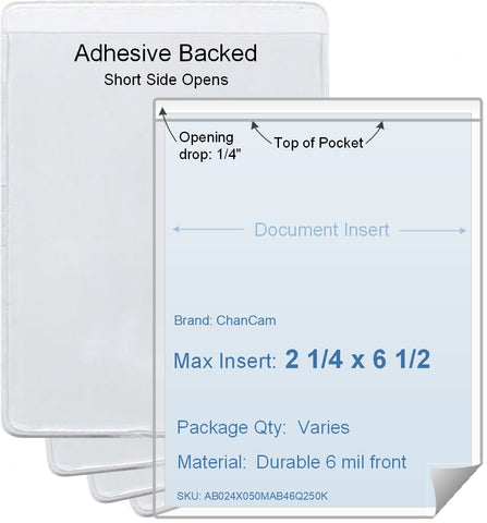 ChanCam vinyl sleeve, open short side, adhesive back, insert size: 2 1/4 x 6 1/2, product size: 2 1/2 x 6 3/4, package quantity 100, 4 mil adhesive back / 6 mil clear vinyl front