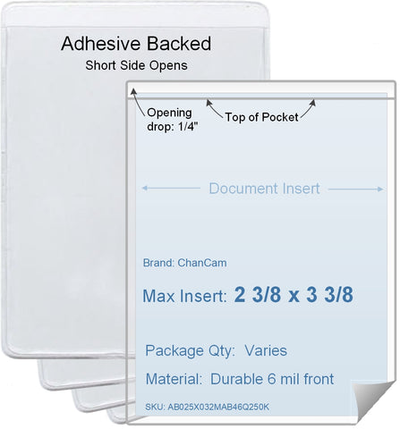 ChanCam vinyl sleeve, open short side, adhesive back, insert size: 2 3/8 x 3 3/8, product size: 2 5/8 x 3 5/8, package quantity 100, 4 mil adhesive back / 6 mil clear vinyl front