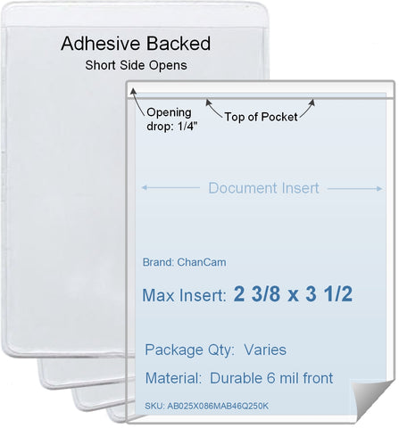 ChanCam vinyl sleeve, open short side, adhesive back, insert size: 2 3/8 x 3 1/2, product size: 2 5/8 x 3 3/4, package quantity 100, 4 mil adhesive back / 6 mil clear vinyl front