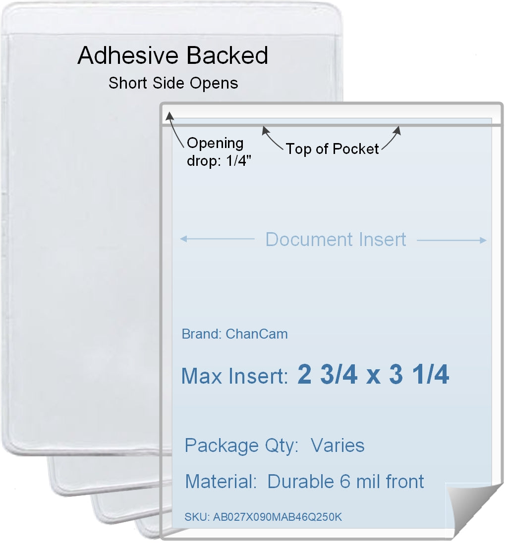 ChanCam vinyl sleeve, open short side, adhesive back, insert size: 2 3/4 x 3 1/4, product size: 3 x 3 1/2, package quantity 100, 4 mil adhesive back / 6 mil clear vinyl front