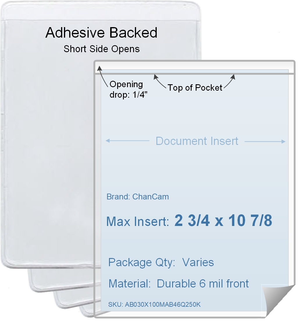 ChanCam vinyl sleeve, open short side, adhesive back, insert size: 2 3/4 x 10 7/8, product size: 3 x 11 1/8, package quantity 100, 4 mil adhesive back / 6 mil clear vinyl front