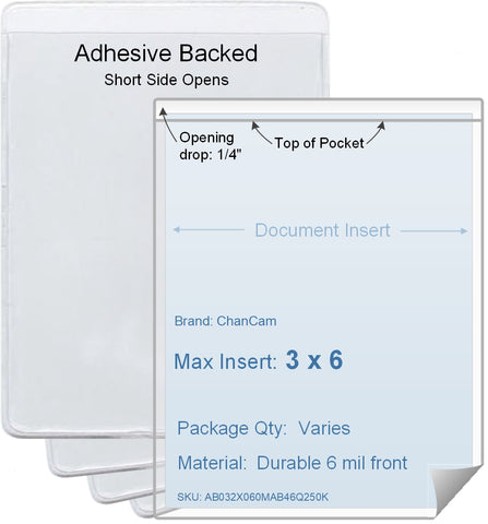 ChanCam vinyl sleeve, open short side, adhesive back, insert size: 3 x 6, product size: 3 1/4 x 6 1/4, package quantity 100, 4 mil adhesive back / 6 mil clear vinyl front