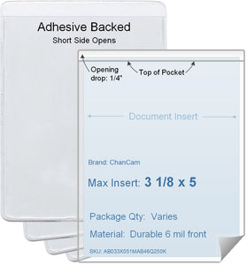 ChanCam vinyl sleeve, open short side, adhesive back, insert size: 3 1/8 x 5, product size: 3 3/8 x 5 1/4, package quantity 100, 4 mil adhesive back / 6 mil clear vinyl front