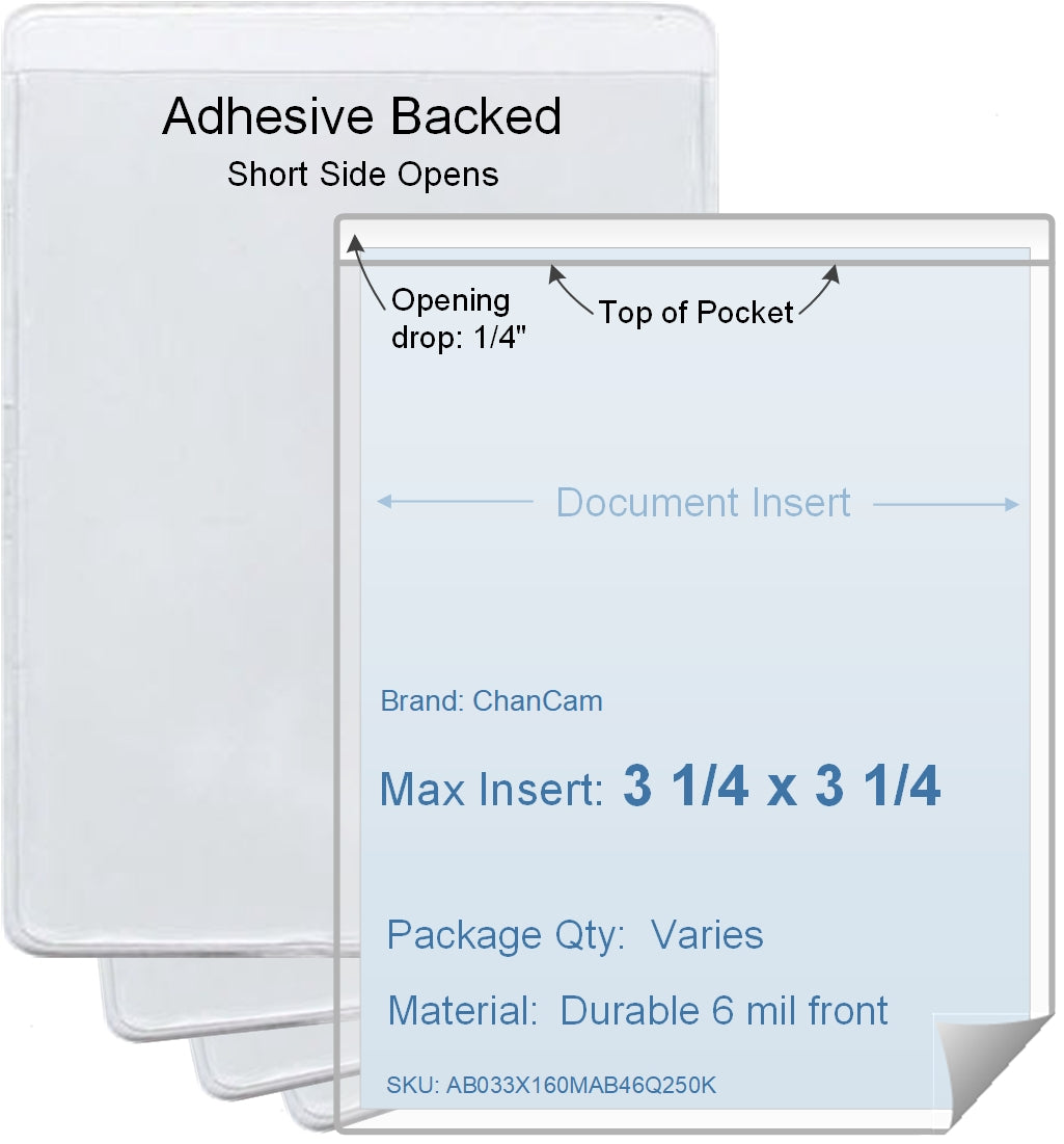 ChanCam vinyl sleeve, open short side, adhesive back, insert size: 3 1/4 x 3 1/4, product size: 3 1/2 x 3 1/2, package quantity 100, 4 mil adhesive back / 6 mil clear vinyl front