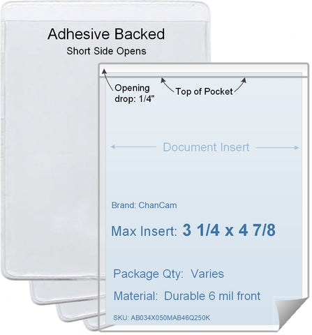 ChanCam vinyl sleeve, open short side, adhesive back, insert size: 3 1/4 x 4 7/8, product size: 3 1/2 x 5 1/8, package quantity 100, 4 mil adhesive back / 6 mil clear vinyl front