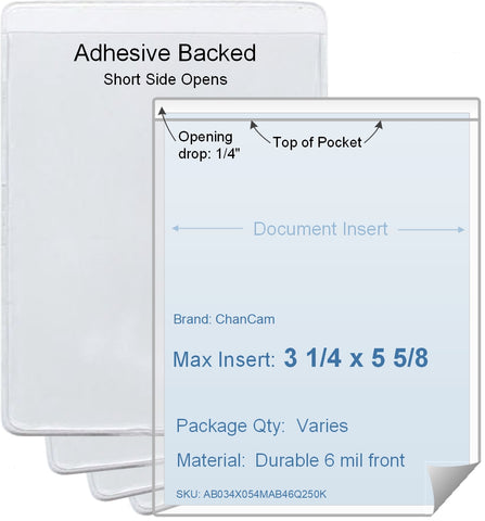 ChanCam vinyl sleeve, open short side, adhesive back, insert size: 3 1/4 x 5 5/8, product size: 3 1/2 x 5 7/8, package quantity 100, 4 mil adhesive back / 6 mil clear vinyl front