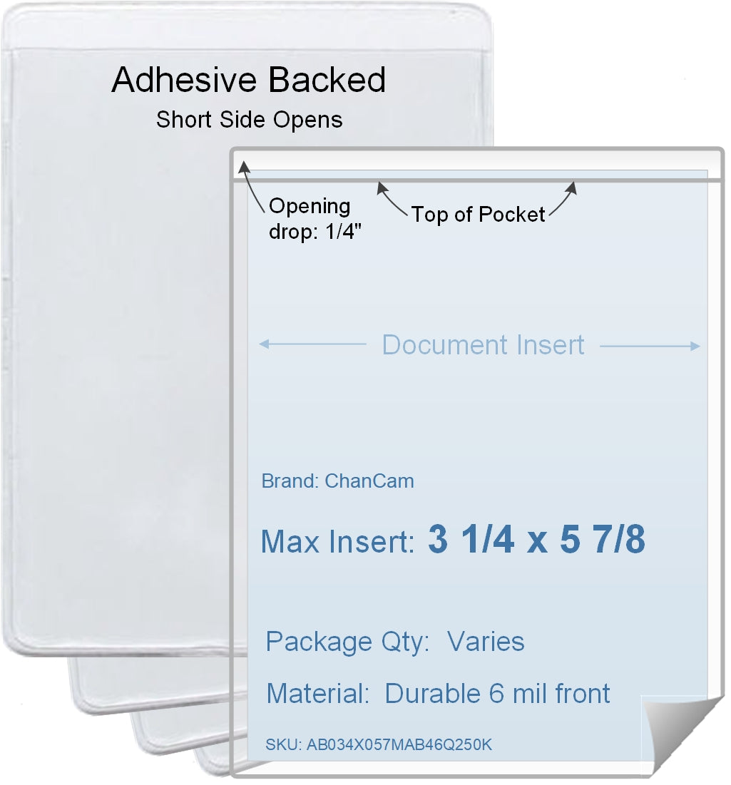 ChanCam vinyl sleeve, open short side, adhesive back, insert size: 3 1/4 x 5 7/8, product size: 3 1/2 x 6 1/8, package quantity 100, 4 mil adhesive back / 6 mil clear vinyl front