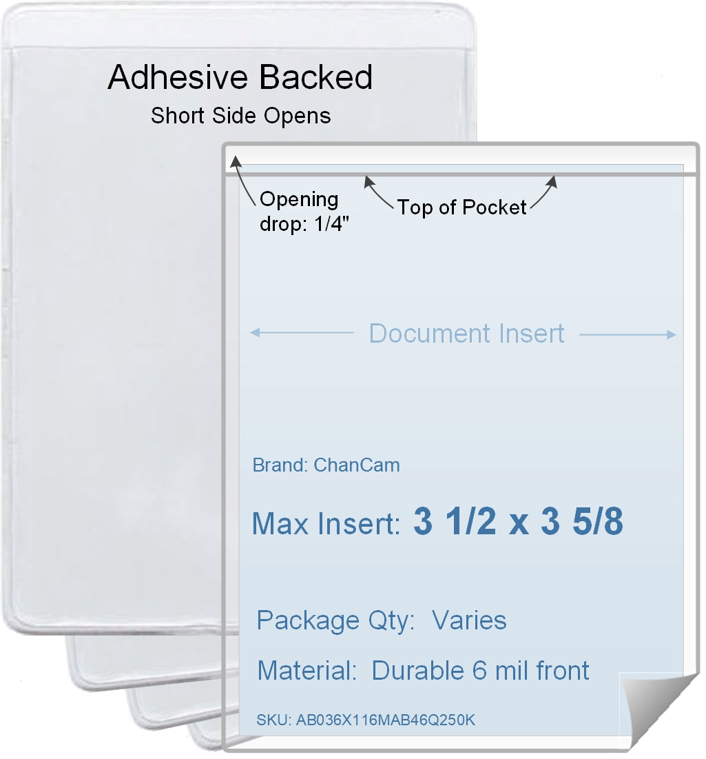 ChanCam vinyl sleeve, open short side, adhesive back, insert size: 3 1/2 x 3 5/8, product size: 3 3/4 x 3 7/8, package quantity 100, 4 mil adhesive back / 6 mil clear vinyl front