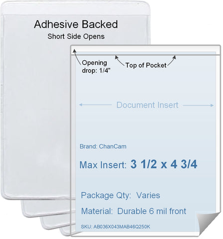 ChanCam vinyl sleeve, open short side, adhesive back, insert size: 3 1/2 x 4 3/4, product size: 3 3/4 x 5, package quantity 100, 4 mil adhesive back / 6 mil clear vinyl front