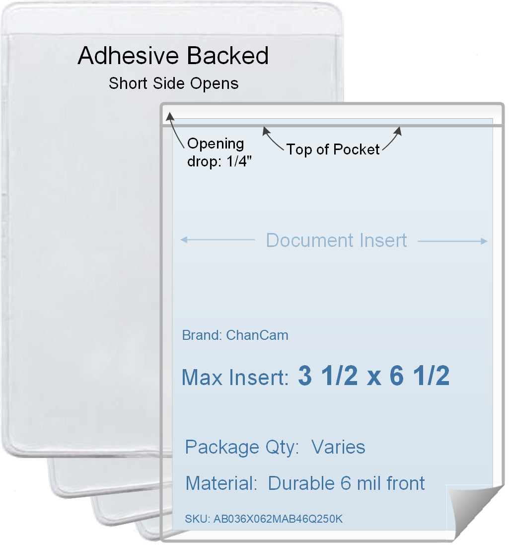 ChanCam vinyl sleeve, open short side, adhesive back, insert size: 3 1/2 x 6 1/2, product size: 3 3/4 x 6 3/4, package quantity 100, 4 mil adhesive back / 6 mil clear vinyl front