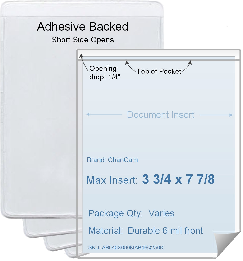 ChanCam vinyl sleeve, open short side, adhesive back, insert size: 3 3/4 x 7 7/8, product size: 4 x 8 1/8, package quantity 100, 4 mil adhesive back / 6 mil clear vinyl front