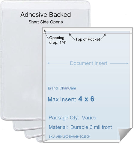 ChanCam vinyl sleeve, open short side, adhesive back, insert size: 4 x 6, product size: 4 1/4 x 6 1/4, package quantity 100, 4 mil adhesive back / 6 mil clear vinyl front