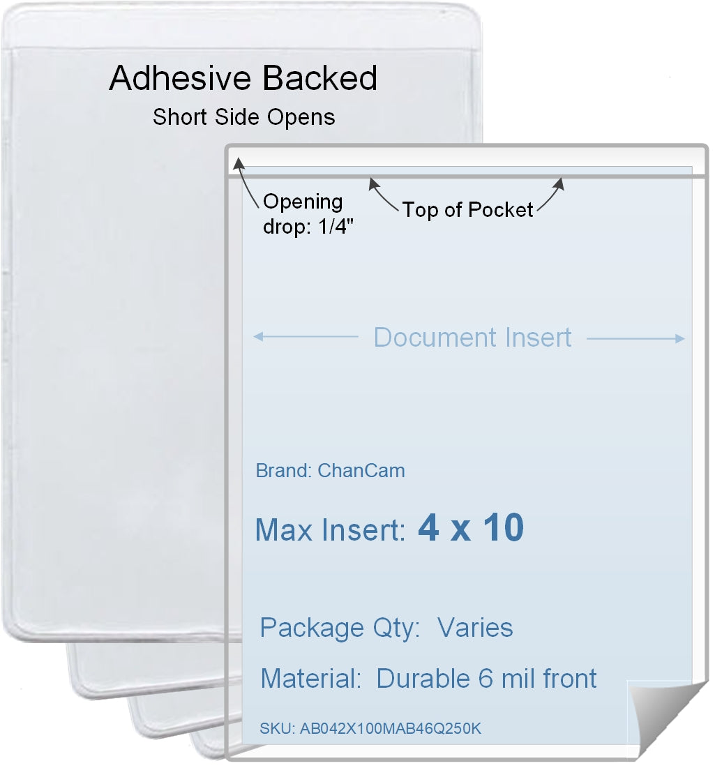 ChanCam vinyl sleeve, open short side, adhesive back, insert size: 4 x 10, product size: 4 1/4 x 10 1/4, package quantity 100, 4 mil adhesive back / 6 mil clear vinyl front