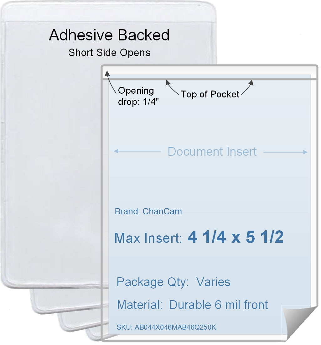 ChanCam vinyl sleeve, open short side, adhesive back, insert size: 4 1/4 x 5 1/2, product size: 4 1/2 x 5 3/4, package quantity 100, 4 mil adhesive back / 6 mil clear vinyl front