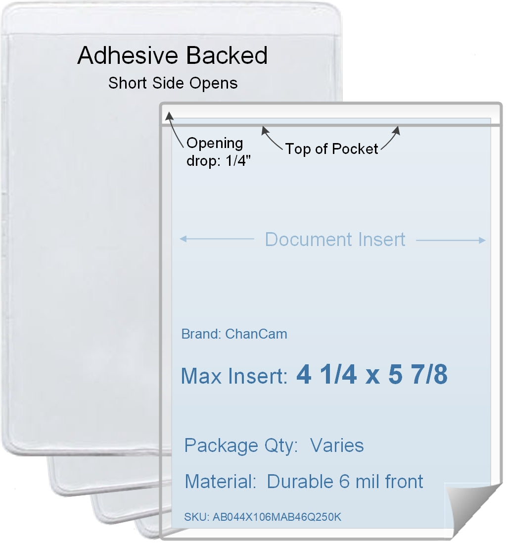 ChanCam vinyl sleeve, open short side, adhesive back, insert size: 4 1/4 x 5 7/8, product size: 4 1/2 x 6 1/8, package quantity 100, 4 mil adhesive back / 6 mil clear vinyl front